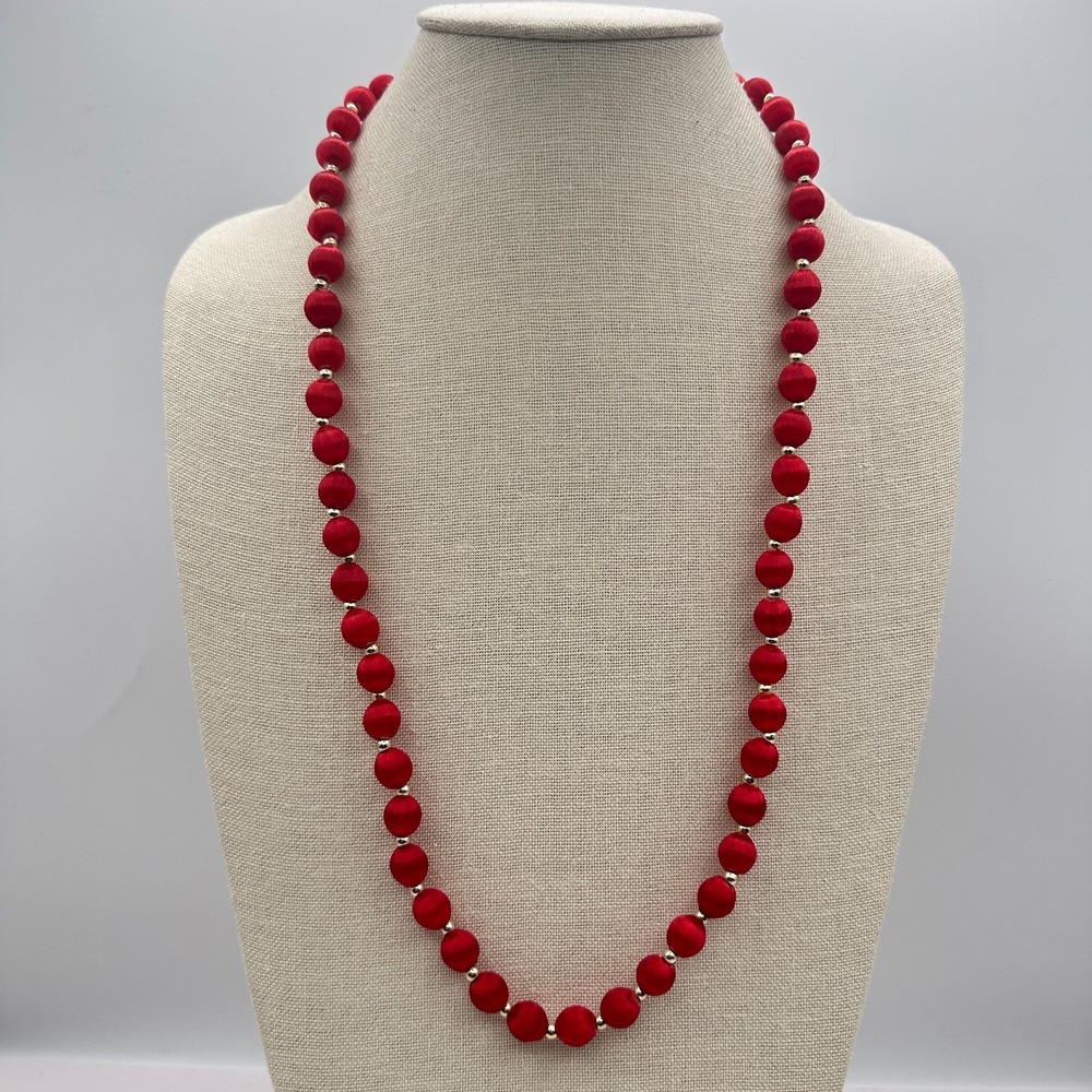 Vintage 80s Red Silk Thread Wrapped Bead Necklace Gold Tone Spacer Jewelry